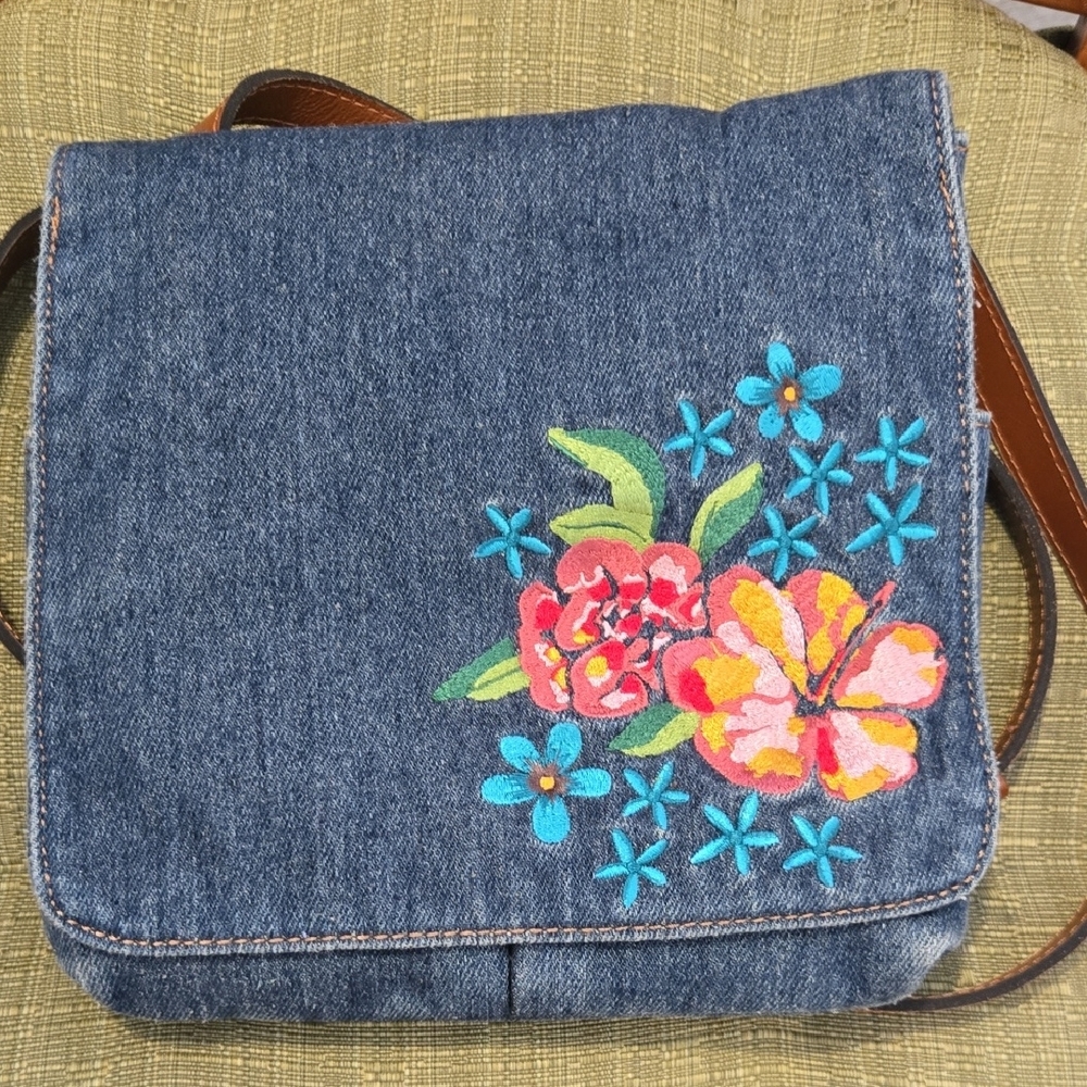 Floral Embroidered Denim Crossbody Bag